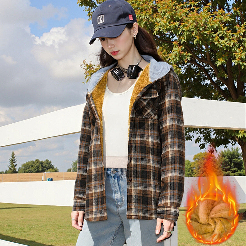 Casual And Loose Hooded Plaid Shirt Top For Women