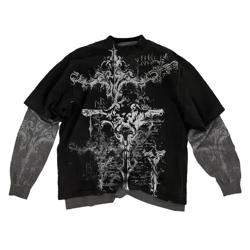 Trendy T-shirt med graffitiprint og imiteret to-delt top