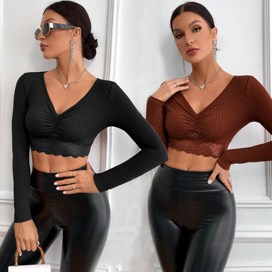 Solid Color Versatile Women's Top Short Inner Slim Fit Long Sleeve