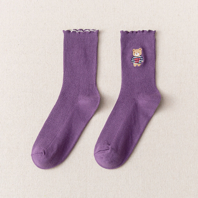 Women's Bear Embroidered Fungus Lace Mid Tube Socks
