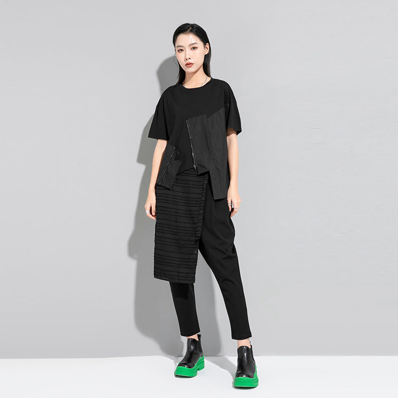 Street Stitching Half Sleeve Irregular Solid Color Short Sleeve T-shirt