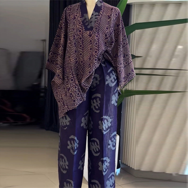Sweet And Fresh V-Neck Batwing Sleeve High-Waist Straight-Leg Pants