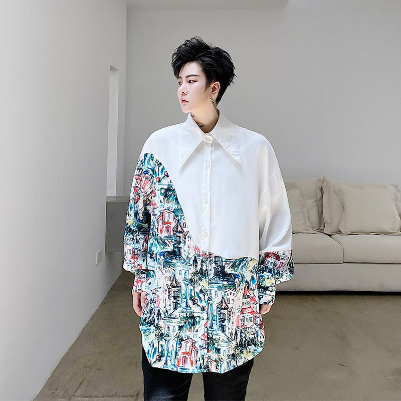 Graffiti Architecture Hand-painted Print Asymmetric Loose Shirt Men