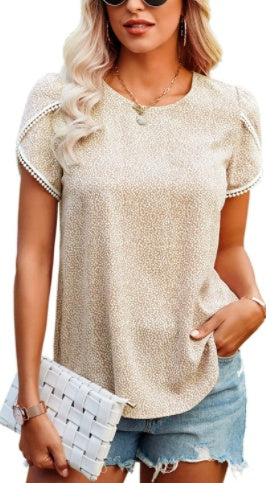 Lace Stitched Polka Dot Short Sleeved T Shirt Chiffon Top
