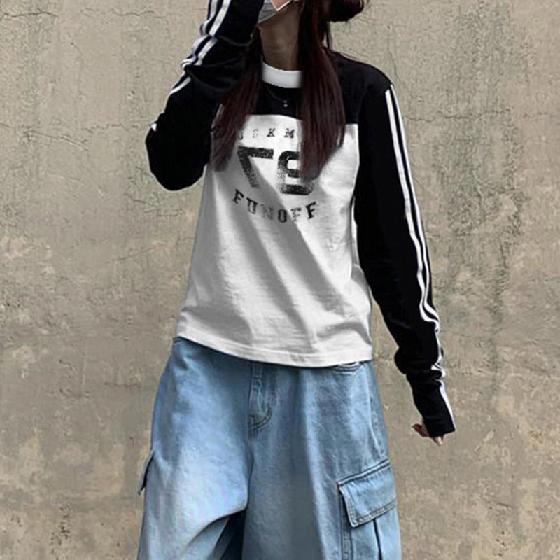 American Street Digital Printing Contrast Color Striped Stand Collar Splicing Machine Car Style Long Sleeve
