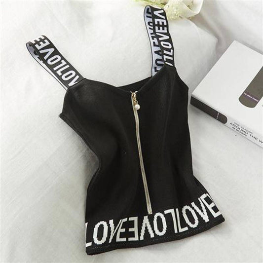 Short English Letter Knit Halter Pearl Zipper Small Vest