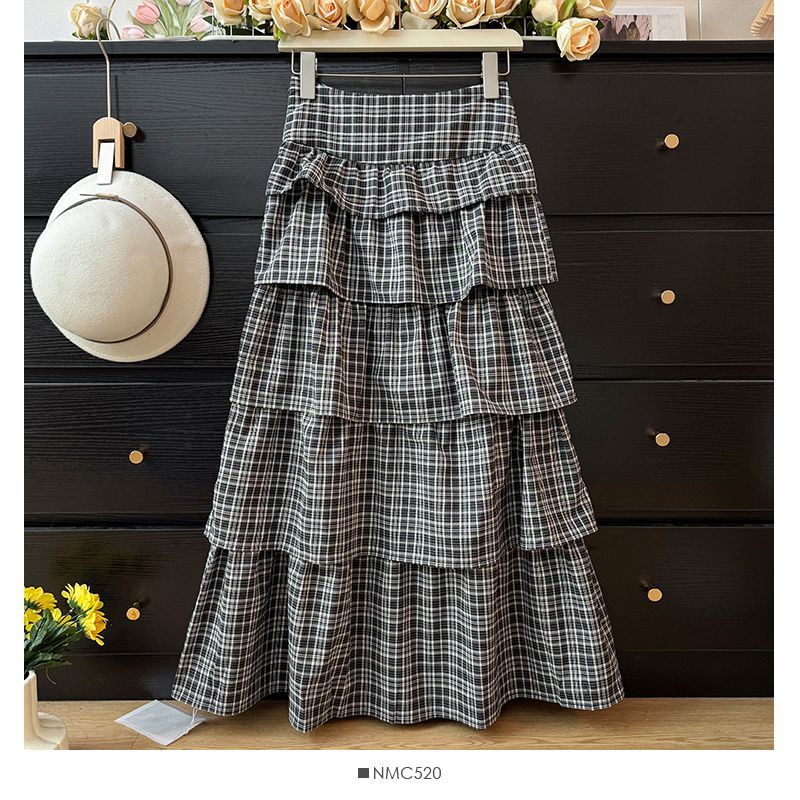 Sweet Retro Temperament Color-contrast Check Skirt For Women
