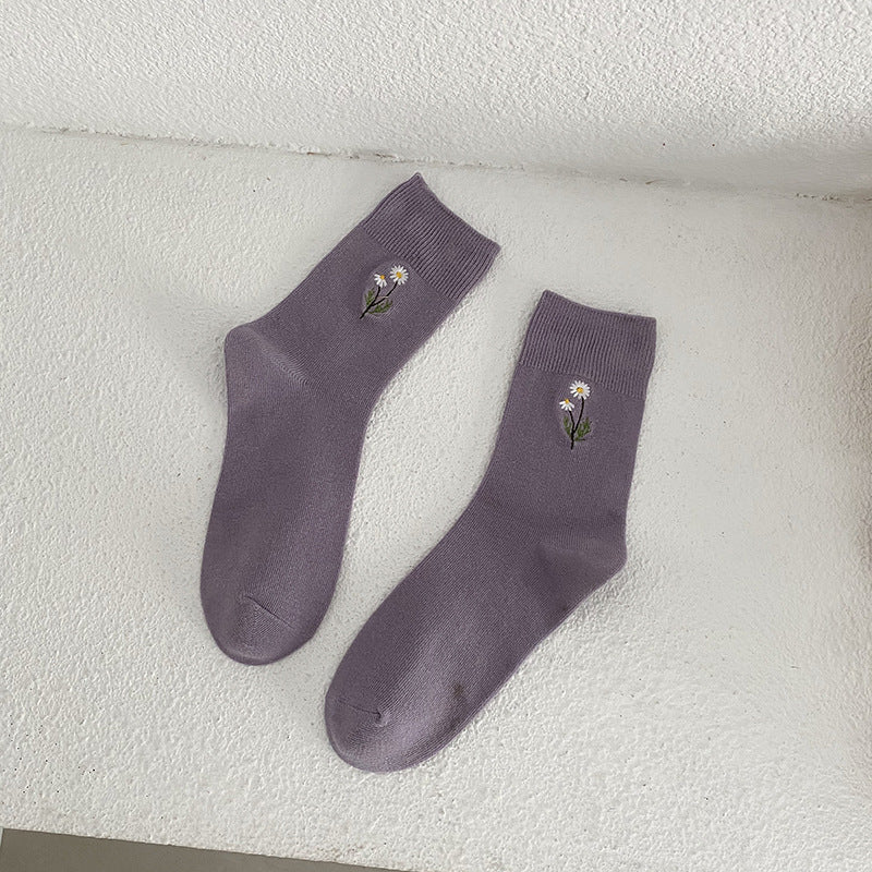 Japanese Candy Color Small Flower Embroidery Pile Socks