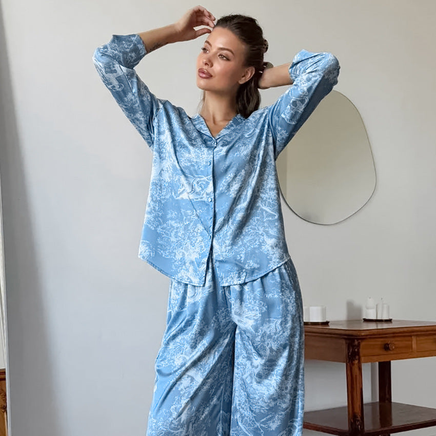 Womens Light-Luxury Printed Long-Sleeve Pajama Set With Pants