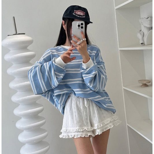 Koreansk retro preppy-stil stribet langærmet sweatshirt