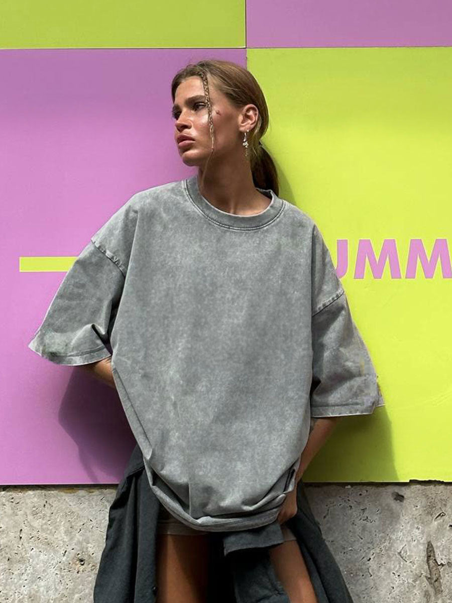 Washed Old Short-sleeved T-shirt European And American Relaxed Casual Round Neck