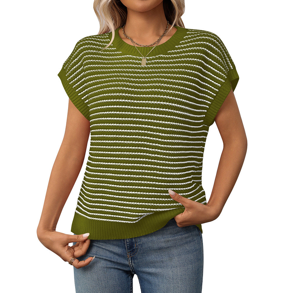 Ny Strikket Top Med Rund Hals Afslappet Stribet Sweater Med Kontrastfarve