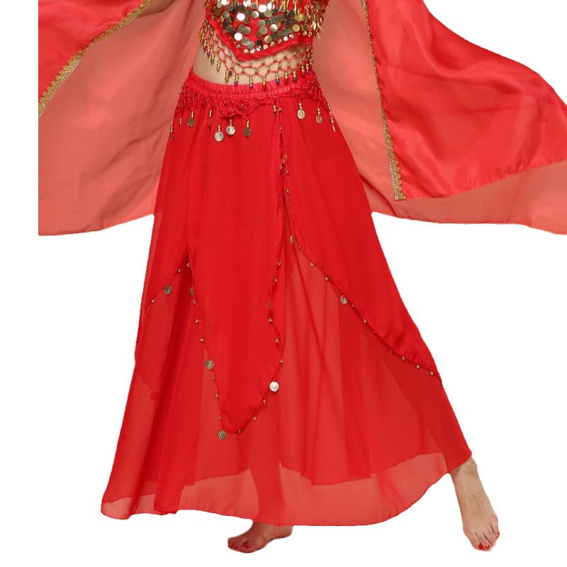 Belly Dance Hanging Coin Skirt Chiffon Big Hem Dress