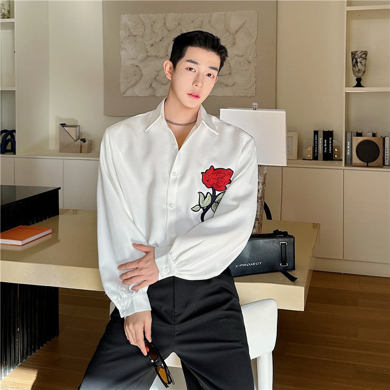 Heavy Weight Mens Shirt With An Embroidered Rose Pattern And A Textured Jacquard Weave