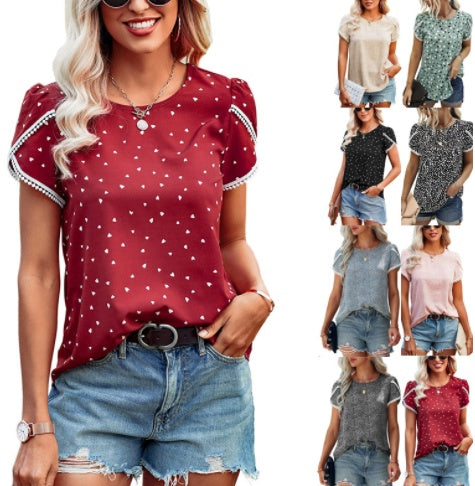 Lace Stitched Polka Dot Short Sleeved T Shirt Chiffon Top