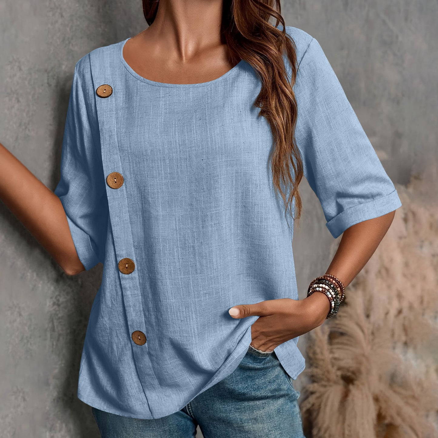 Womens Cotton-Linen Button-Up Fashion Casual Top