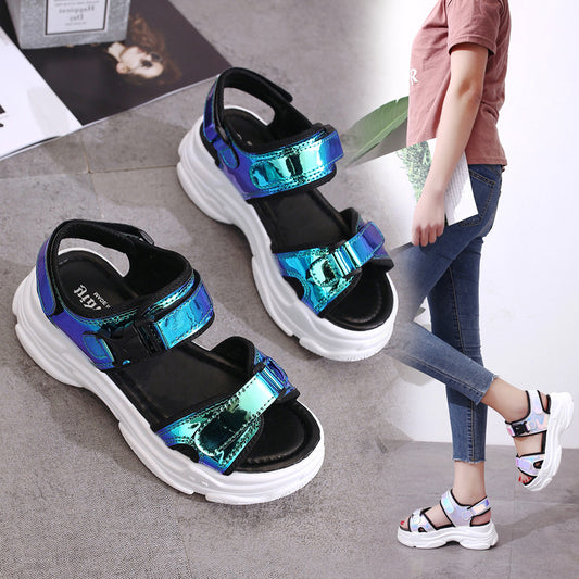 New summer sponge cake and bright leather sandals