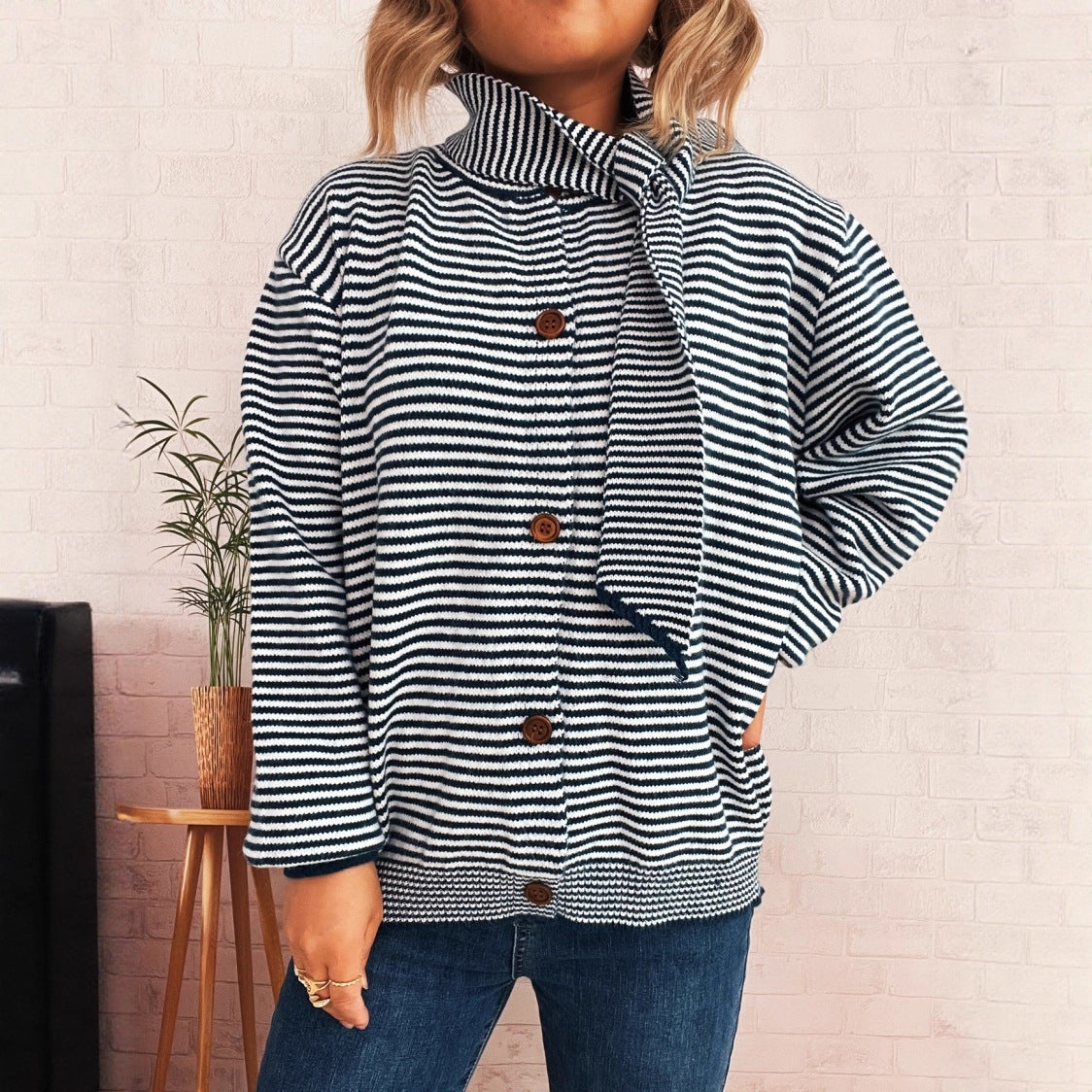 Elegant Retro Pinstripe Single-breasted Scarf Knitted Cardigan Sweater