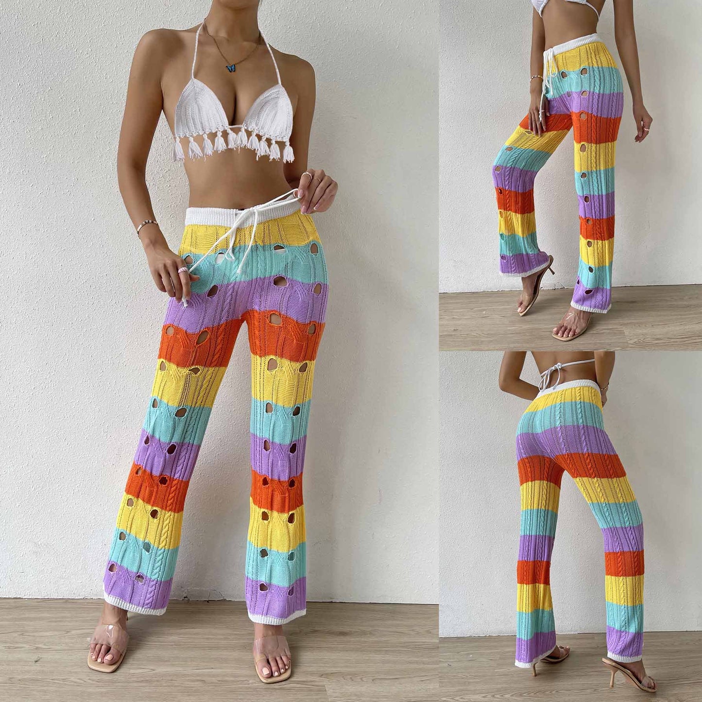 Rainbow Color Hollow Knitted Pants Beach Pants Wholesale