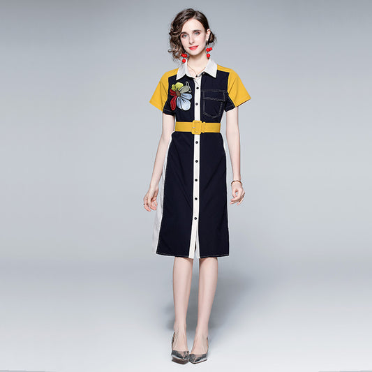 Printed Embroidery Lapel Short Sleeved Shirt Dress