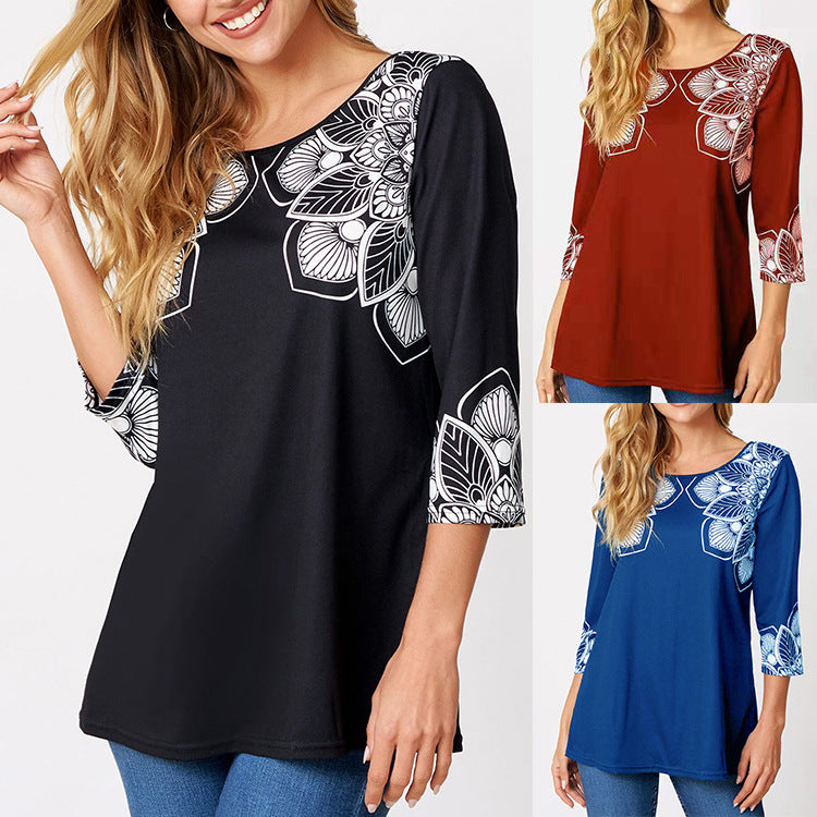 Women's Positioned Print Three Quarter Sleeve Loose Round Neck T Shirt