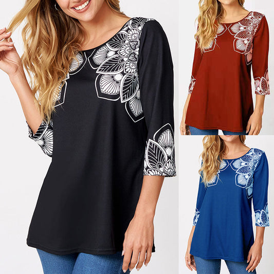Women's Positioned Print Three Quarter Sleeve Loose Round Neck T Shirt