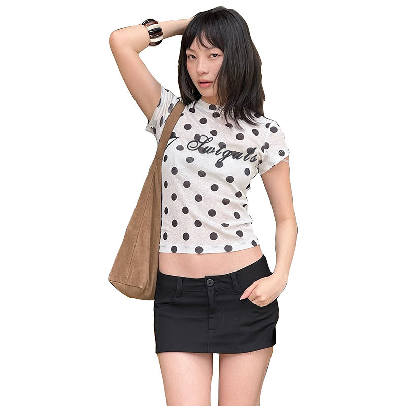 Womens Curvy Fit Base Shirt With A Scoop Neck Polka-Dot And Letter Print