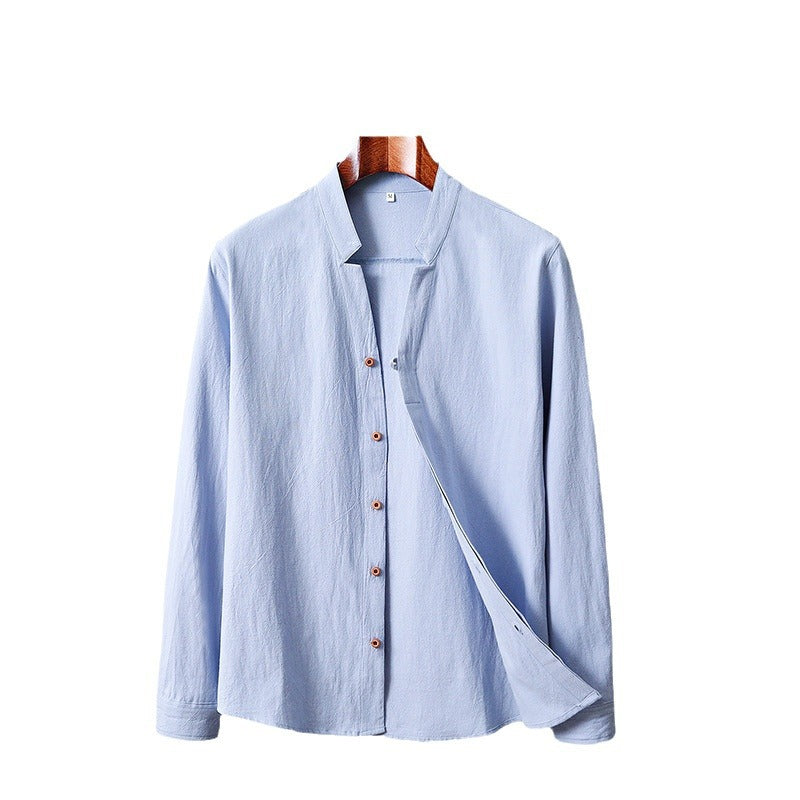 Cotton And Linen Crepe Solid Color Chinese Style Men's Long-sleeved Shirt