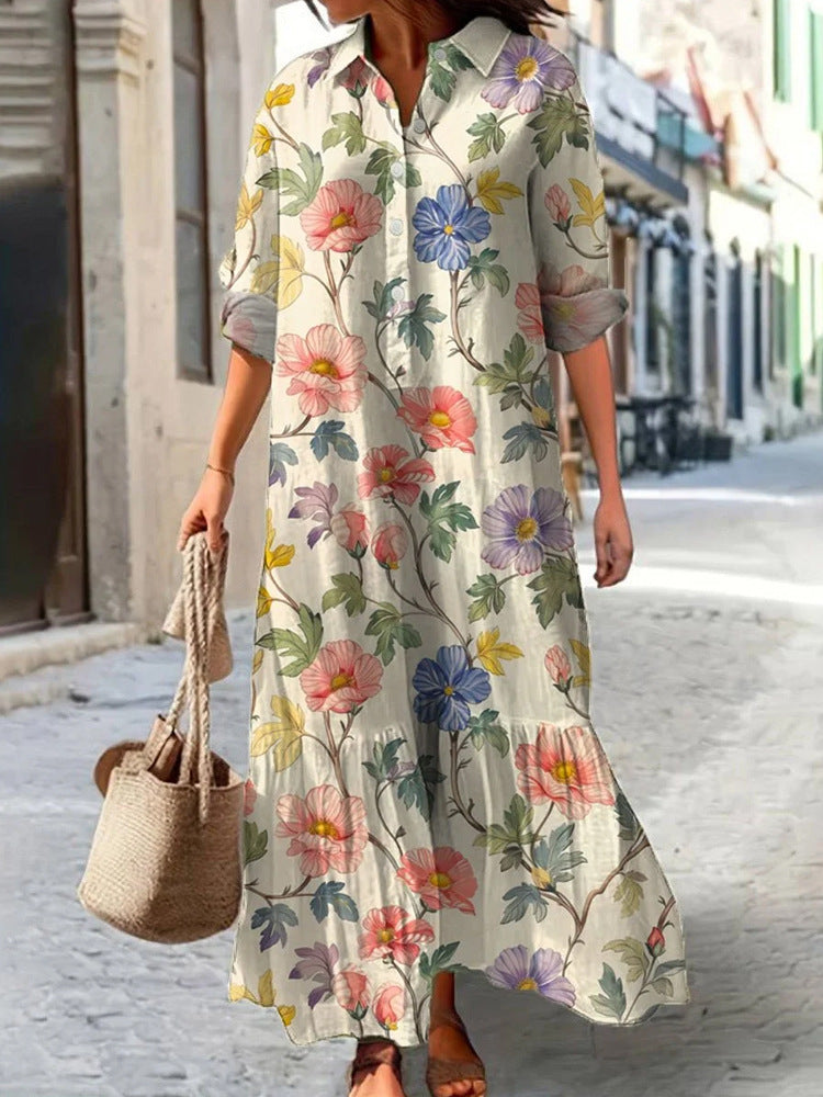 Womens Long-Sleeve Lapel-Neck Digital-Print Dress