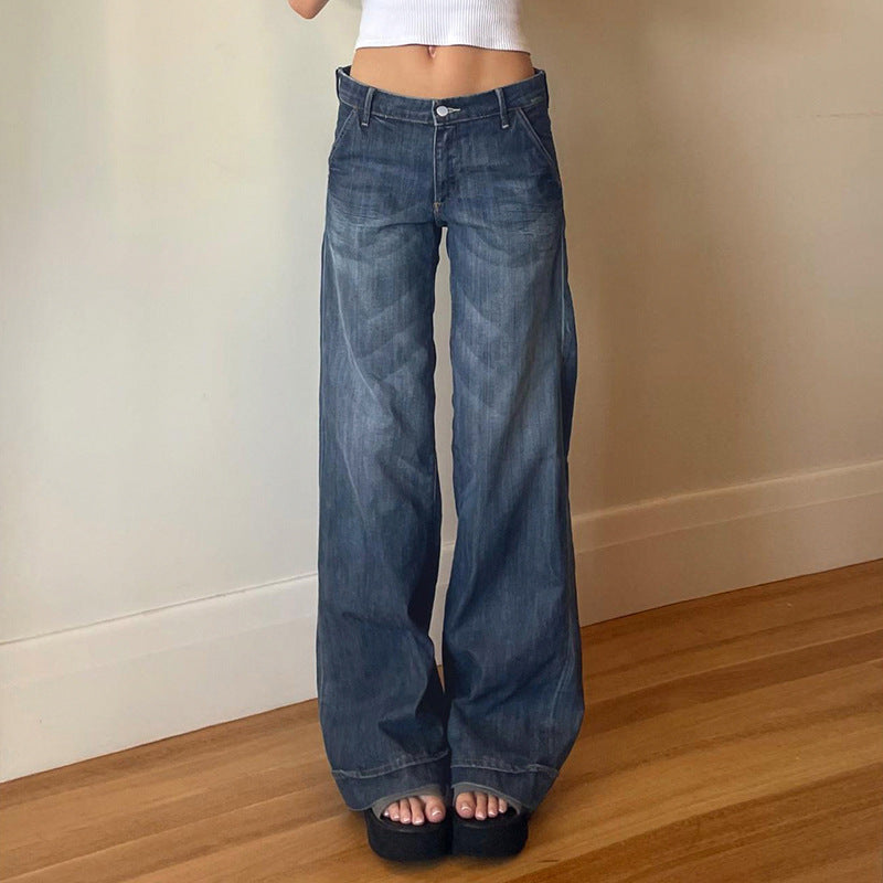 Women's Low Waist Washed Wear-white Blue Jeans All-matching Straight