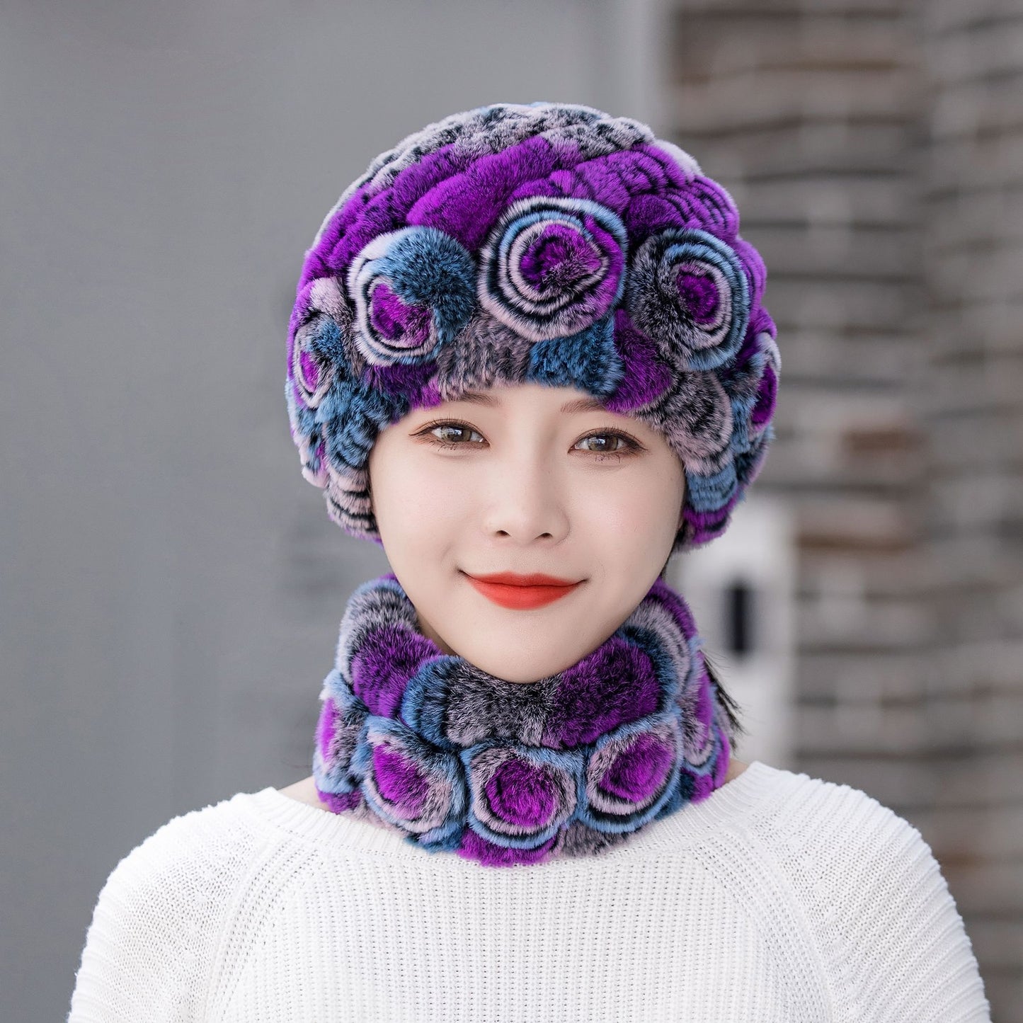 Winter Warm Rex Rabbit Fur Hat Scarf Suit
