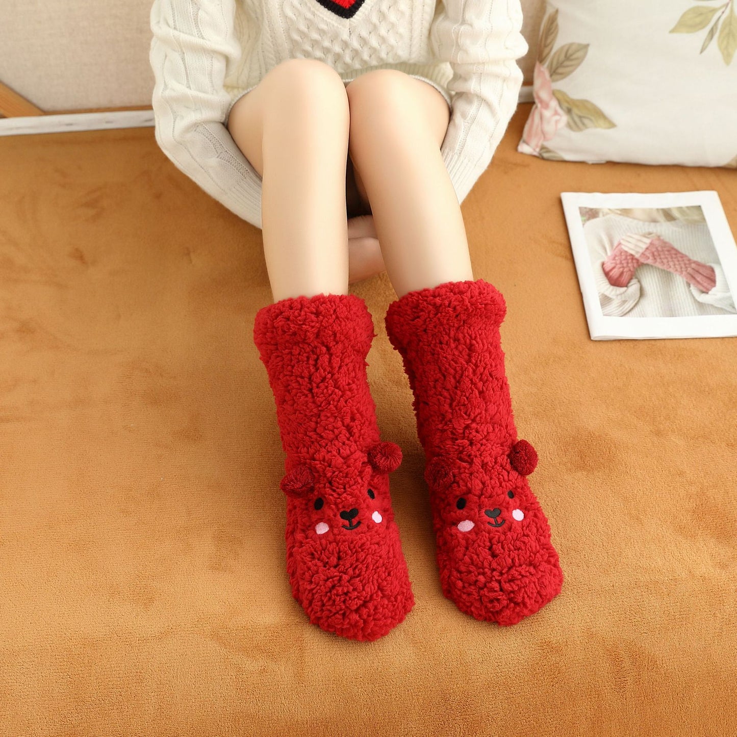 Lamb Velvet Bear Cute Embroidered Floor Shoes Warm Socks