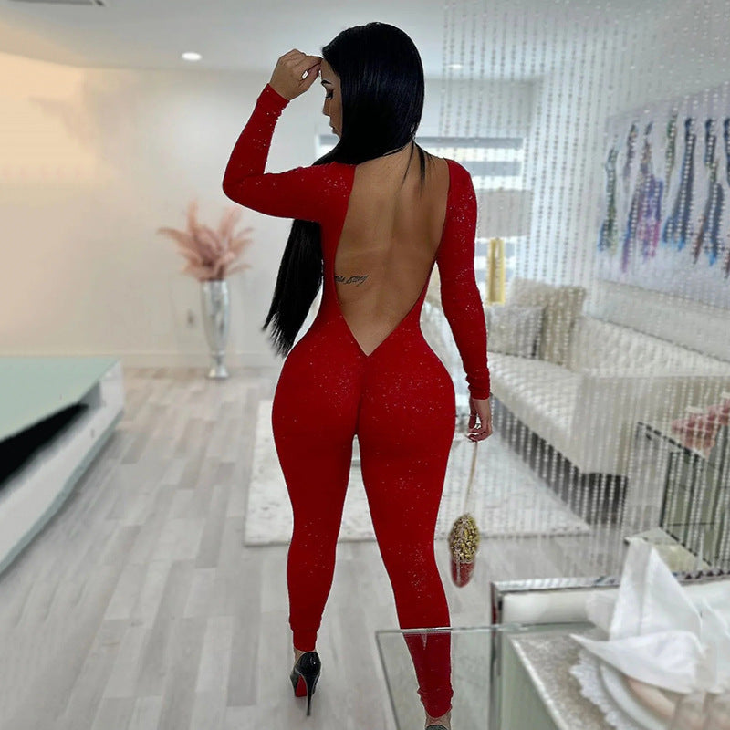 Autumn New Long Sleeve Tight Leggings Fashion Sexy Nightclub Queen Backless Jumpsuit