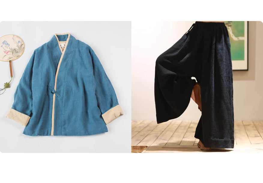 Lapel-button Tang-style Cotton-linen Modified Hanfu Tea-wearing Outfit Womens Zen Meditation Attire