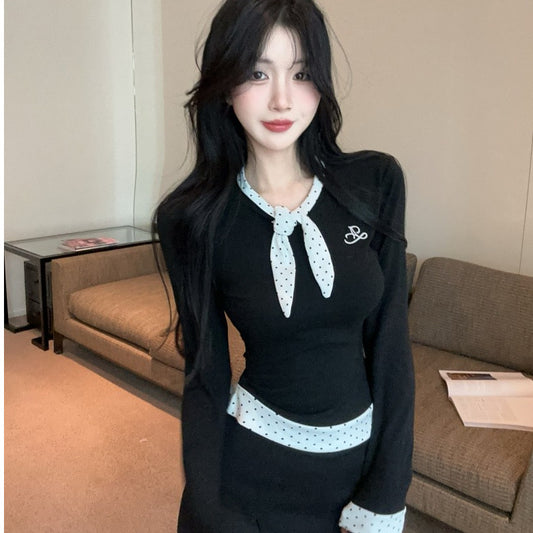 Womens Casual Chanel-Style Fake Two-Piece Polka-Dot Long-Sleeve Top