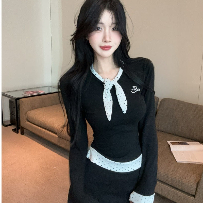 Womens Casual Chanel-Style Fake Two-Piece Polka-Dot Long-Sleeve Top