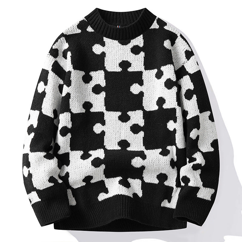 Løs sweater i koreansk stil med fransk rund hals og kontrastfarvede syninger