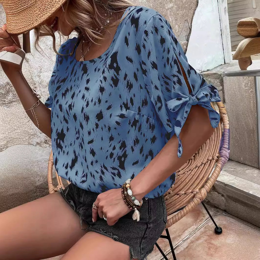 Round Neck Lace Up Leopard Print Women's Blouse Temperament Leisure Top