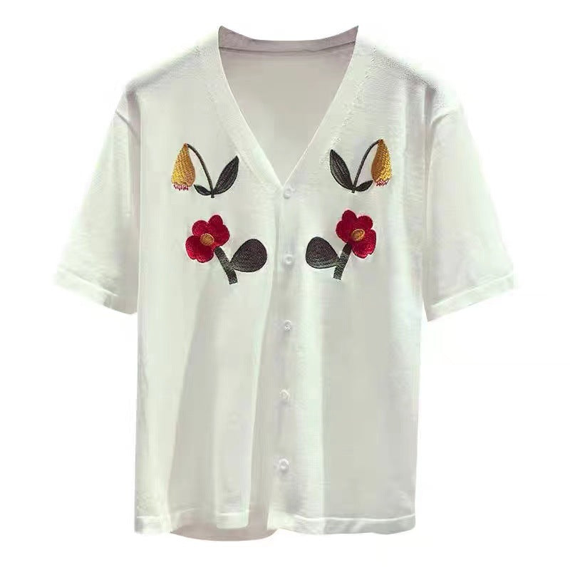 Womens Fashion Floral Plus-Size Knitted Short-Sleeve Top