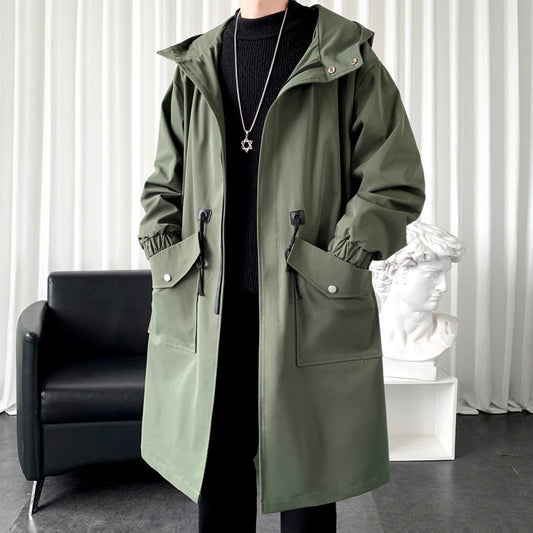 Men's New Windbreaker Long Hooded Big Pocket Jacket