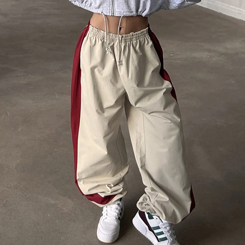 Cool Contrast Color Drawstring Ankle-tied American Casual Loose Woven Pants