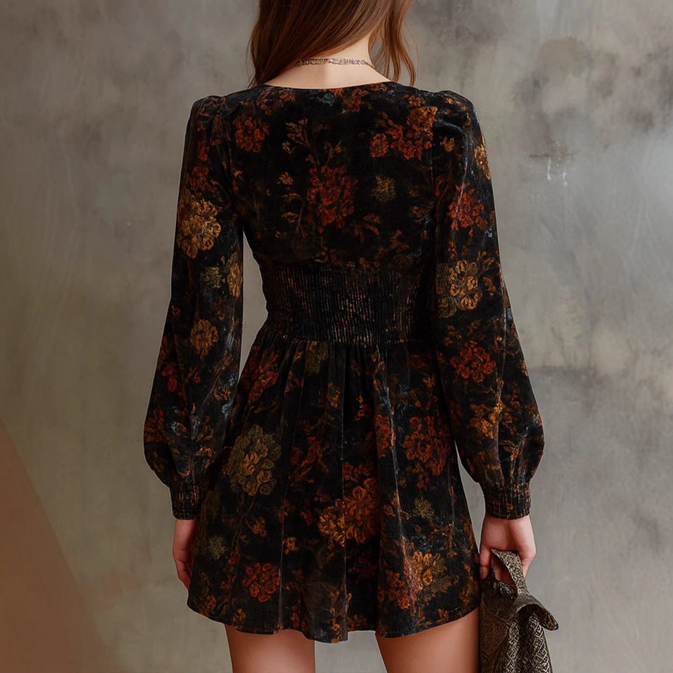 Elegant Floral Print V-Neck Velvet Dress