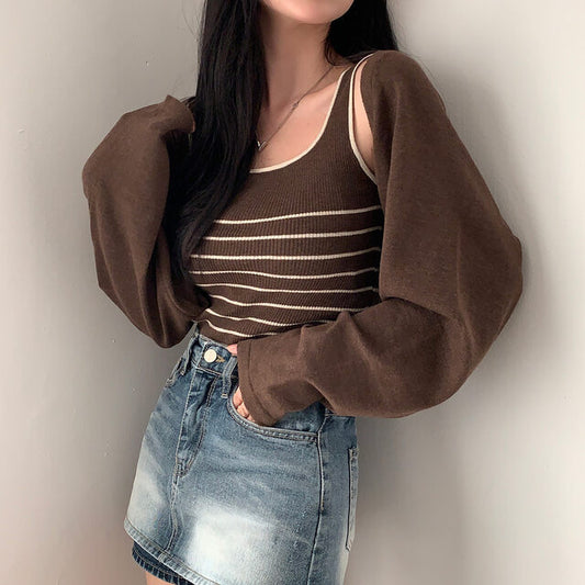 Retro Slim Fit All-matching Striped Knitted Vest Long Sleeve Shawl Sweater Coat