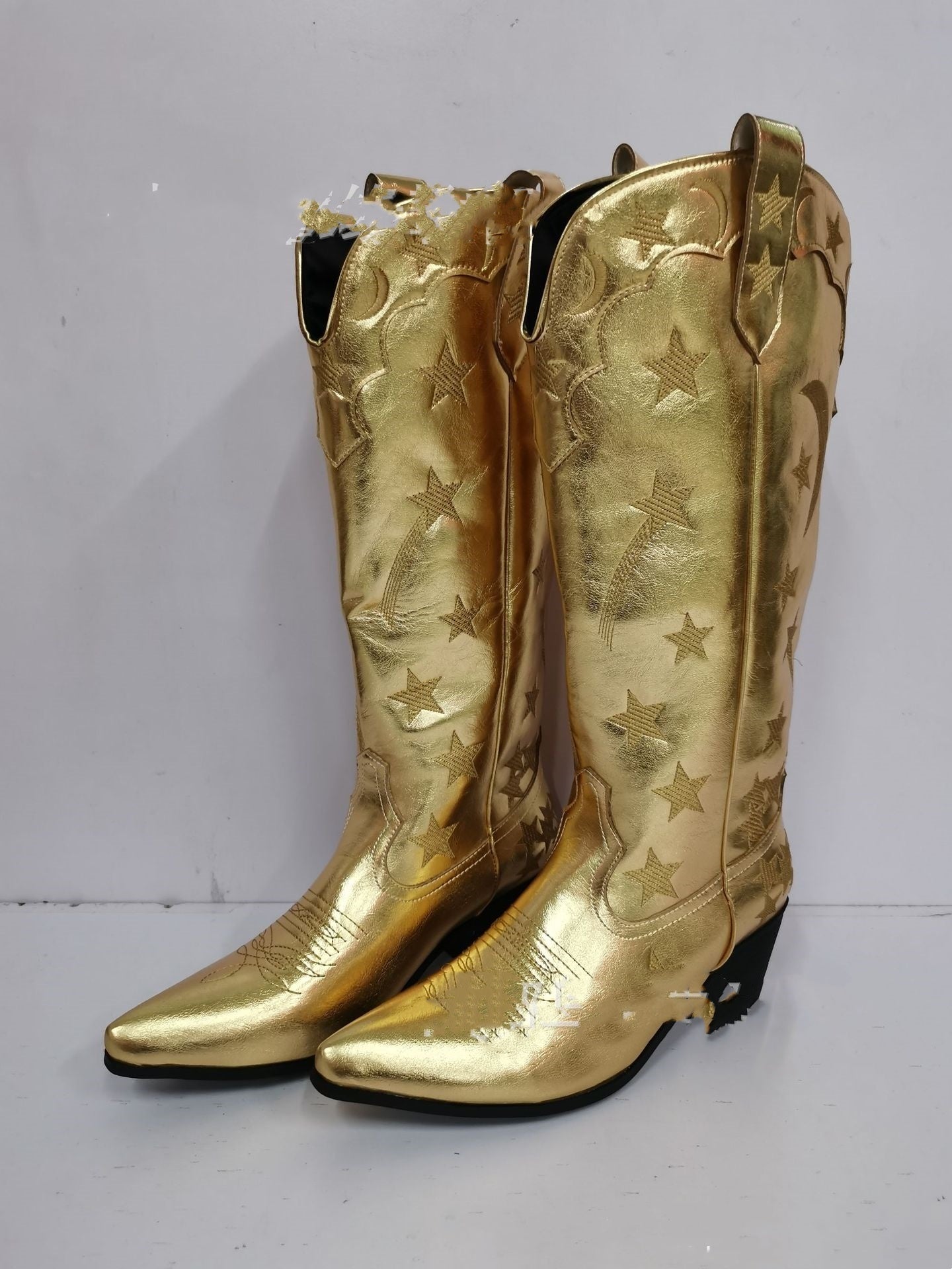 Thick Mid Heel Sleeve Western Star Moon Leather High Leg Boot