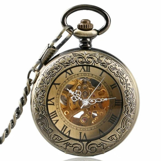 Flip-Open Retro Transparent-Lid Engraved Mechanical Pocket Watch