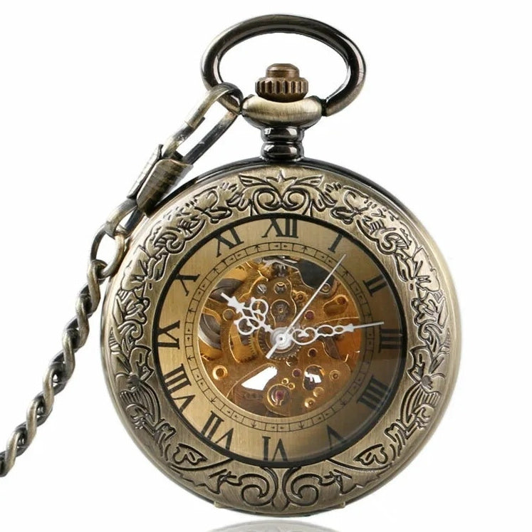 Flip-Open Retro Transparent-Lid Engraved Mechanical Pocket Watch