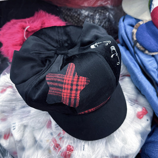 Y2K Subculture Ear-Trimmed Octagonal Cap Womens Plaid & Five-Star Beret