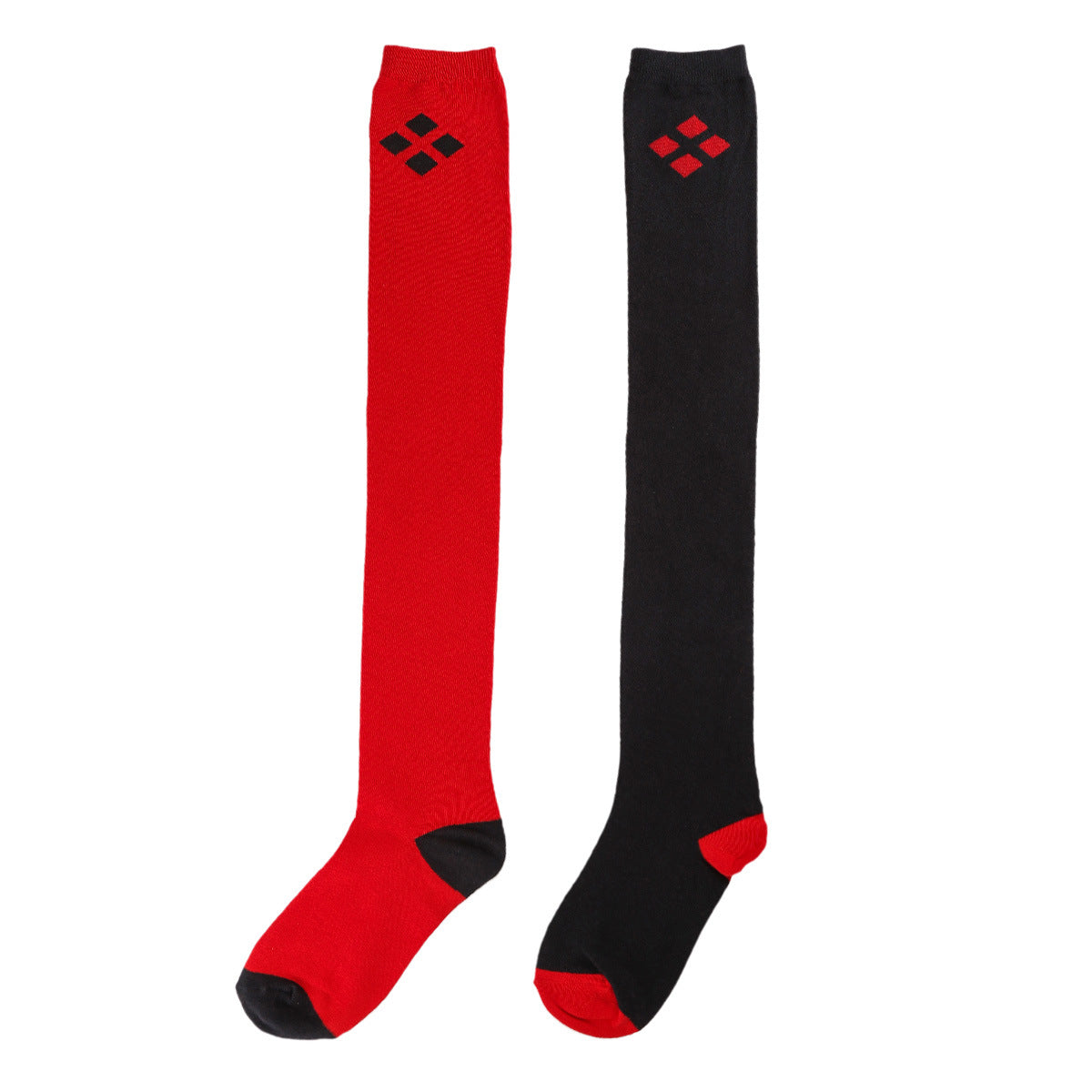 Fashion Red And Black Diamond Pattern Thigh-high Cotton Cosplay Harley Quinn Women's Socks