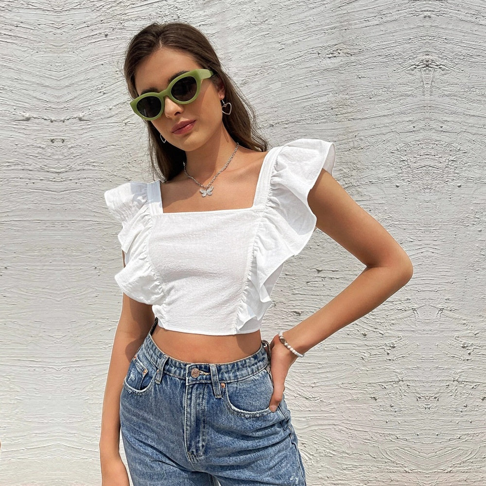 Women's New Backless Tie-up Flutter Sleeve Sweet And Fresh Sleeveless Top