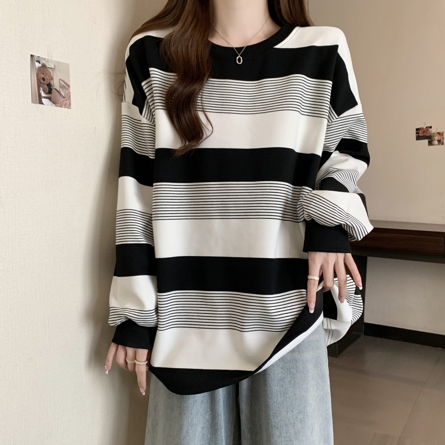 Vintage Stribet Tynd Sweater Løs Top til Kvinder